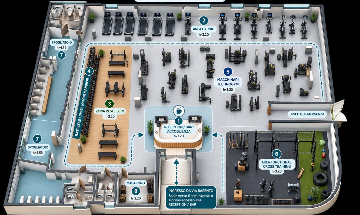 Planimetria della palestra FitExtra Siracusa: 2000 mq con area cardio, macchinari Technogym, pesi liberi e area functional