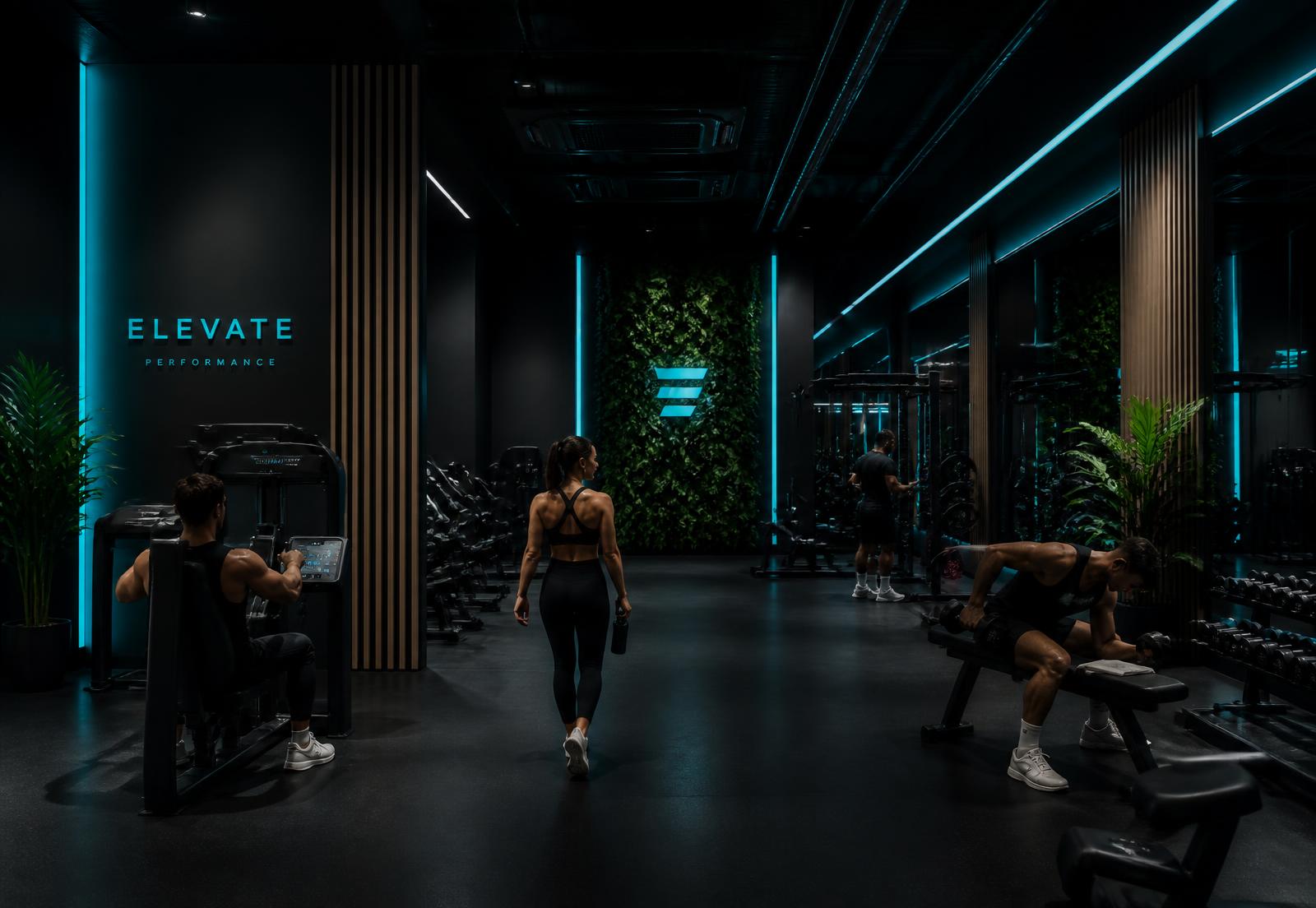 Interni della nuova palestra FitExtra Siracusa, nero opaco e luci teal